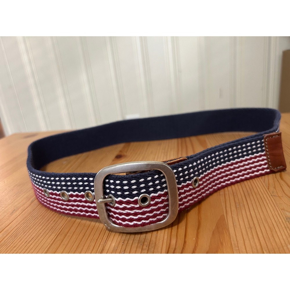 American Eagle Men 41.5" Patriotic USA Flag Stripe Preppy Web Belt Leather Trim